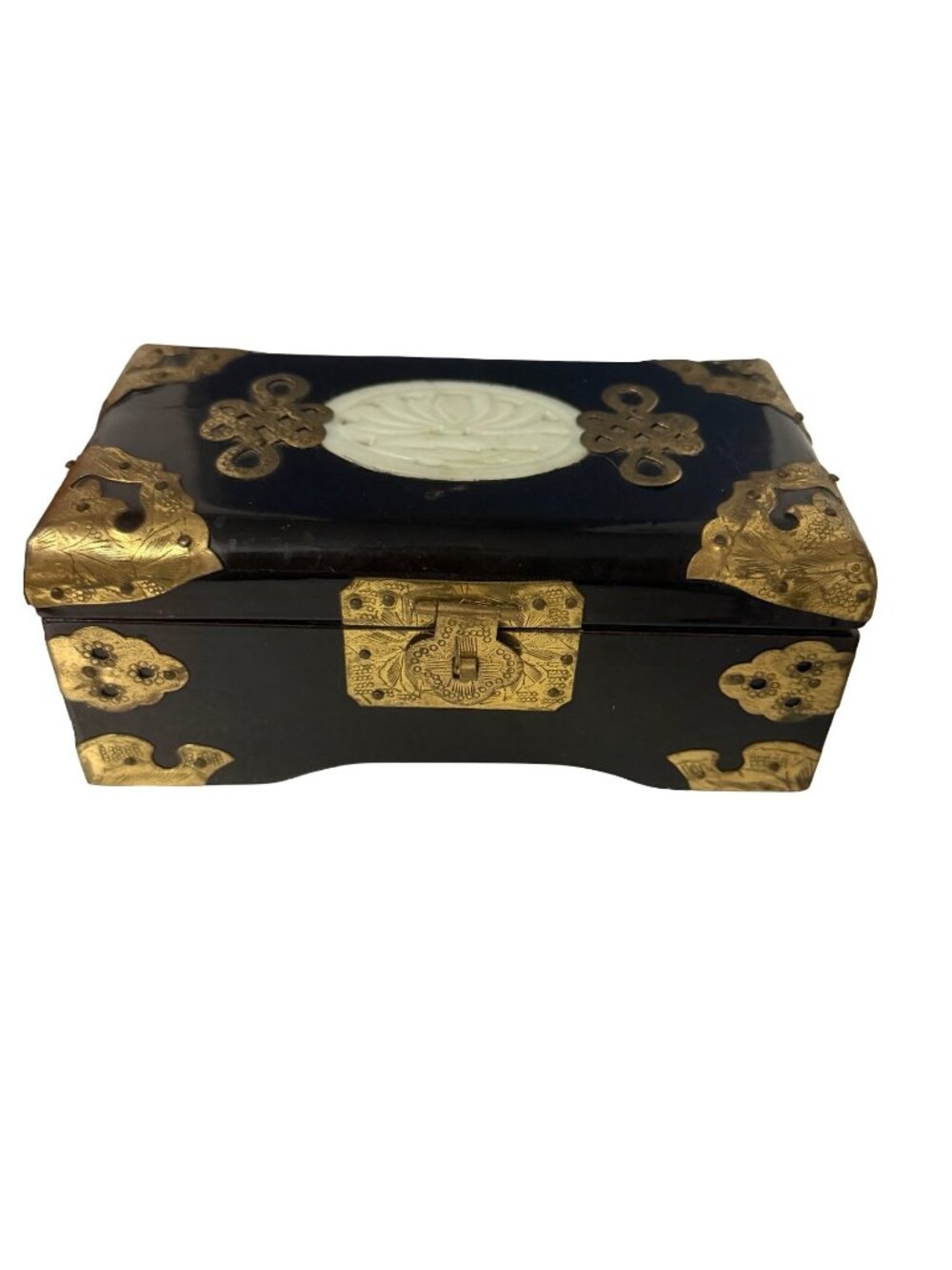 Vintage Chinese Lacquer Jewelry Box Brass Carved Stone Medallion Red Lining 302